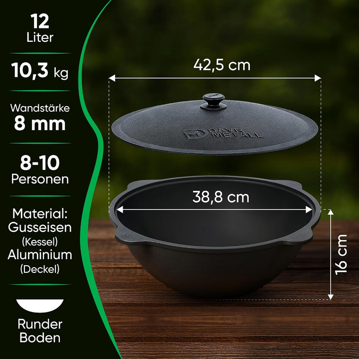 ZARENHOF Utschak Feuerofen Ø 40 cm mit Gusseisen-Kasan 12 L, rund | Gulaschkessel mit Kasanofen, Ser