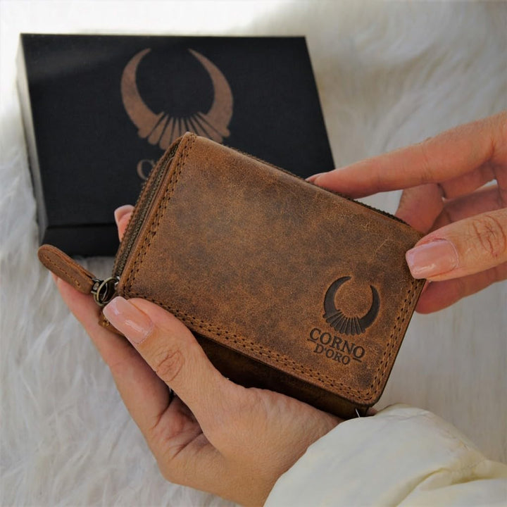 Corno d´Oro Handmade Kleines Portemonnaie Damen Leder I Mini Geldbörse Damen mit RFID Blocker und Mü