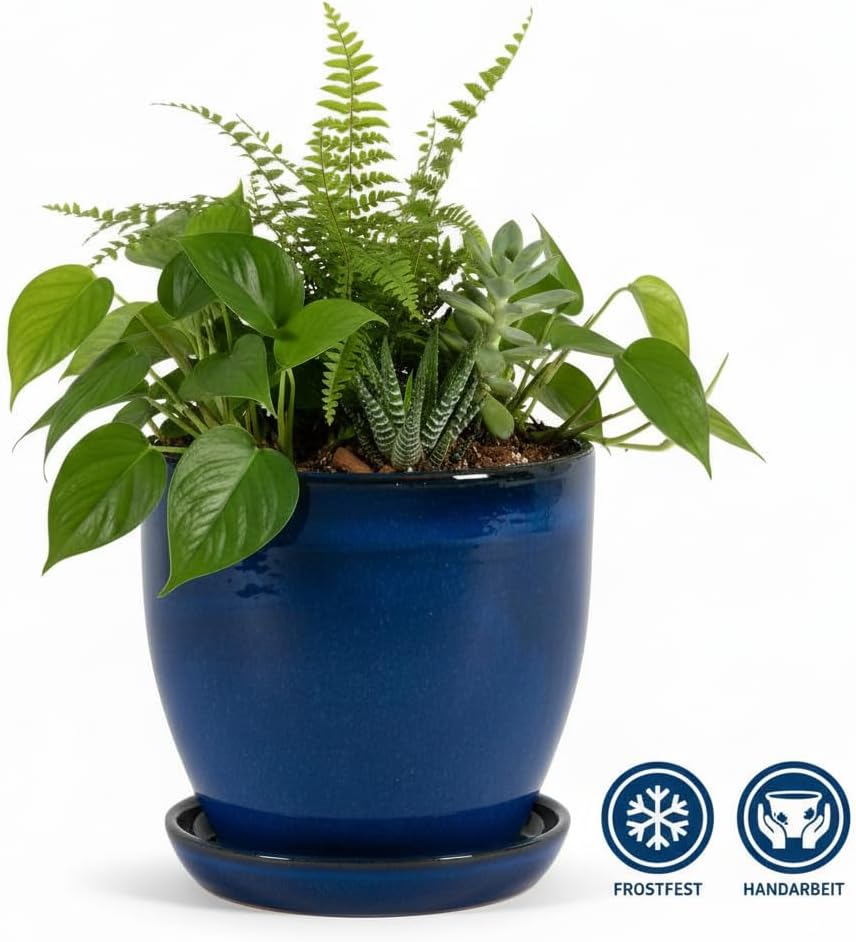 Teramico Pflanzgefäss Übertopf Blumentopf aus Steinzeug Blau mit passendem Teller/Untersetzer 23cm -