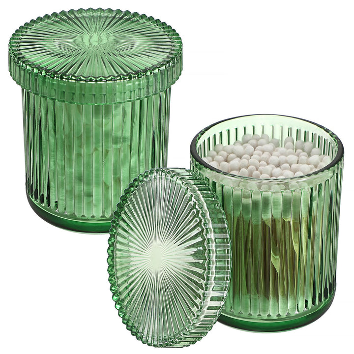 2 Stück Glas Wattestäbchen Behälter Wattepads Box mit Deckel Rund Wattepadspender Grün Aufbewahrungs