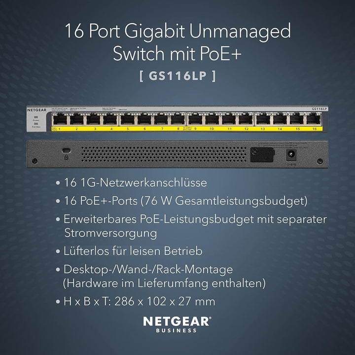 NETGEAR GS116PP PoE Switch 16 Port Gigabit Ethernet LAN Switch mit 16x PoE+ 183W (Plug-and-Play Netz