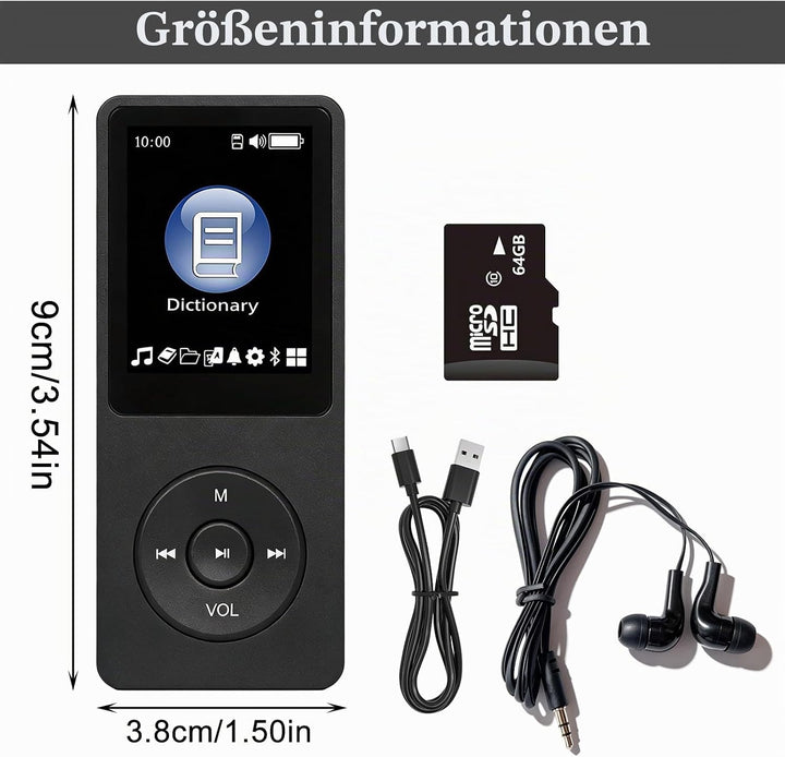 64GB MP3 Player, MP3-Player Bluetooth 5.0 mit 1,8" TFT-Farbbildschirm, Tragbarer Musik-Player mit La
