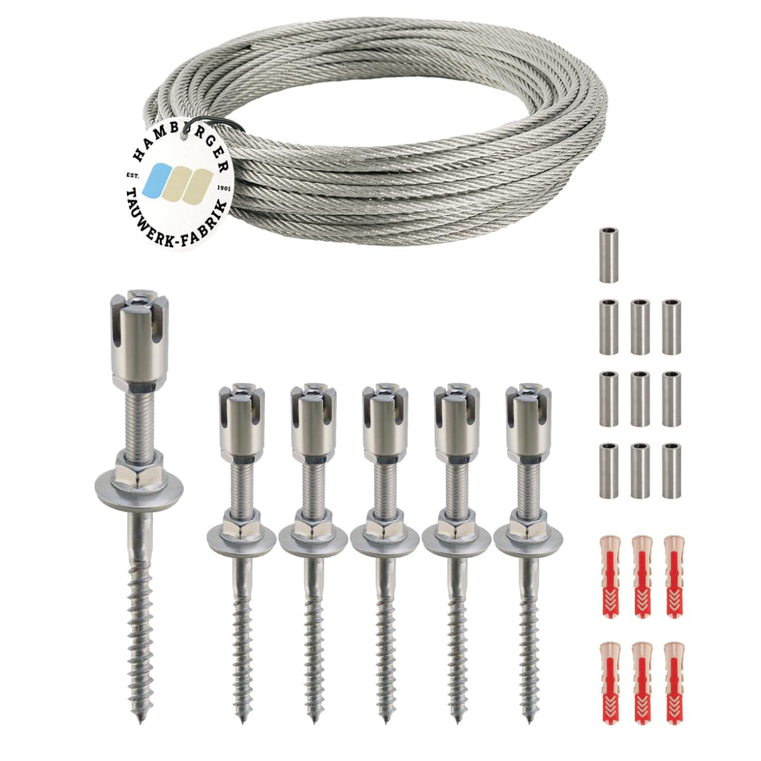 Rankhilfe/Ranksystem ''M'' aus Edelstahl - Wandabstand 50mm (Set 4) mit 6 Wandhaltern und 10m Drahts