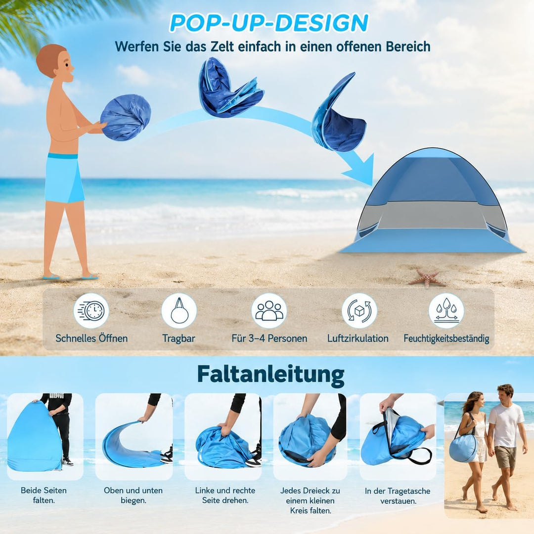 Strandmuschel Pop Up,3–4 Personen,UPF 50+,tragbares Strandzelt | Automatisches Sonnenzelt mit Reissv