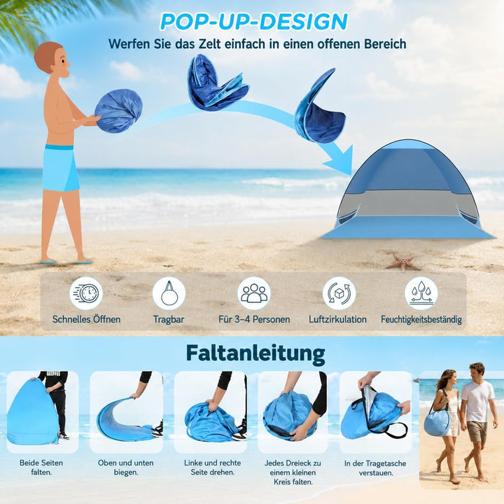 Strandmuschel Pop Up,3–4 Personen,UPF 50+,tragbares Strandzelt | Automatisches Sonnenzelt mit Reissv