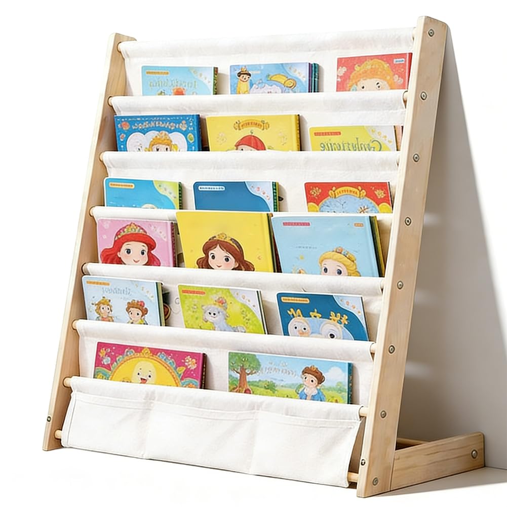 Kinder-Bücherregal 6 Ebenen, Montessori Kinderregal mit Tasche, Kinderregal für Buchaufbewahrung mit