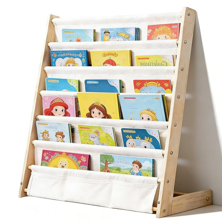 Kinder-Bücherregal 6 Ebenen, Montessori Kinderregal mit Tasche, Kinderregal für Buchaufbewahrung mit