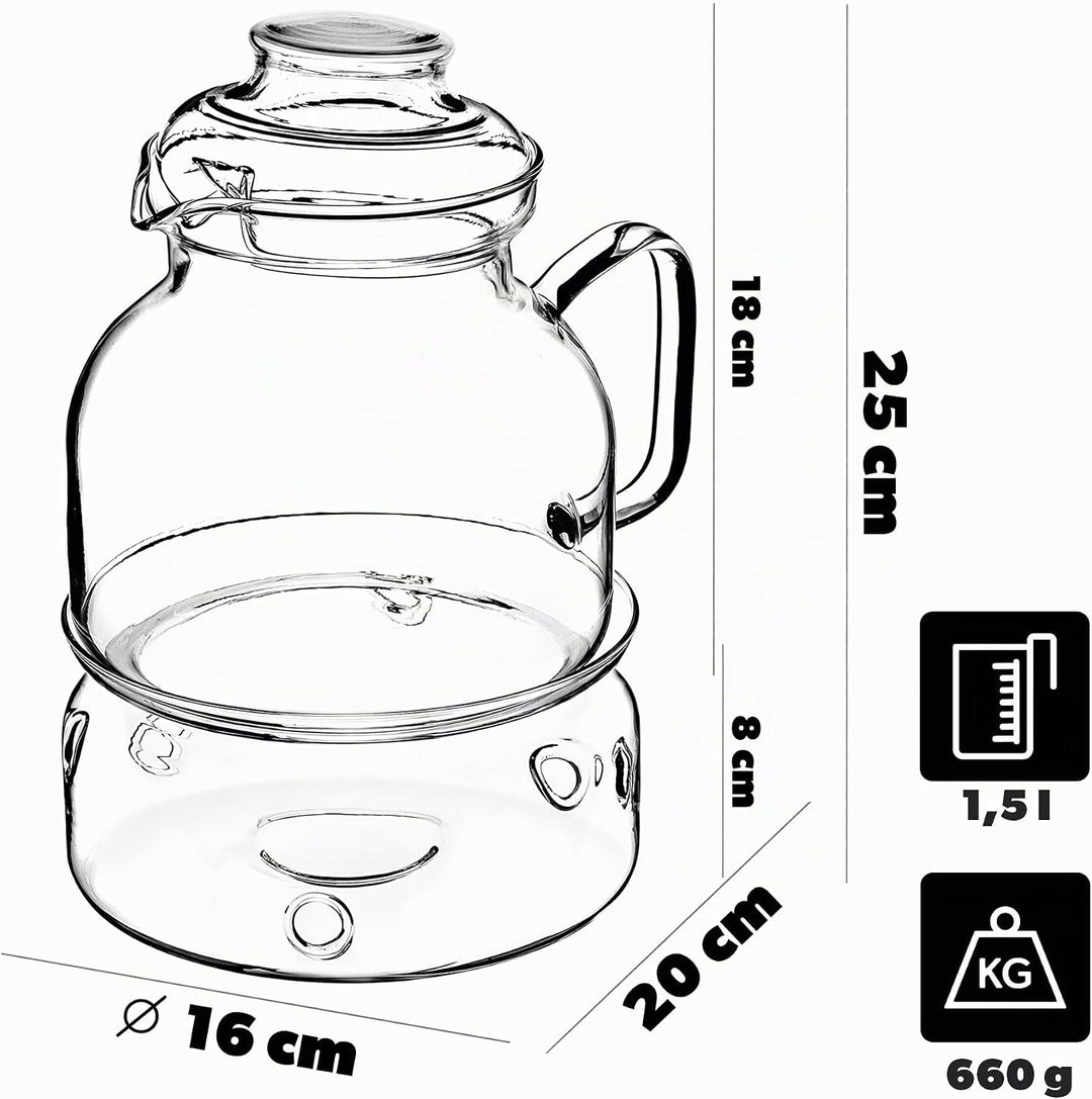 KADAX Teekanne 1.5L mit Stövchen Set, Glasteekanne mit Teewärmer und Deckel, Glaskanne ohne Siebeins