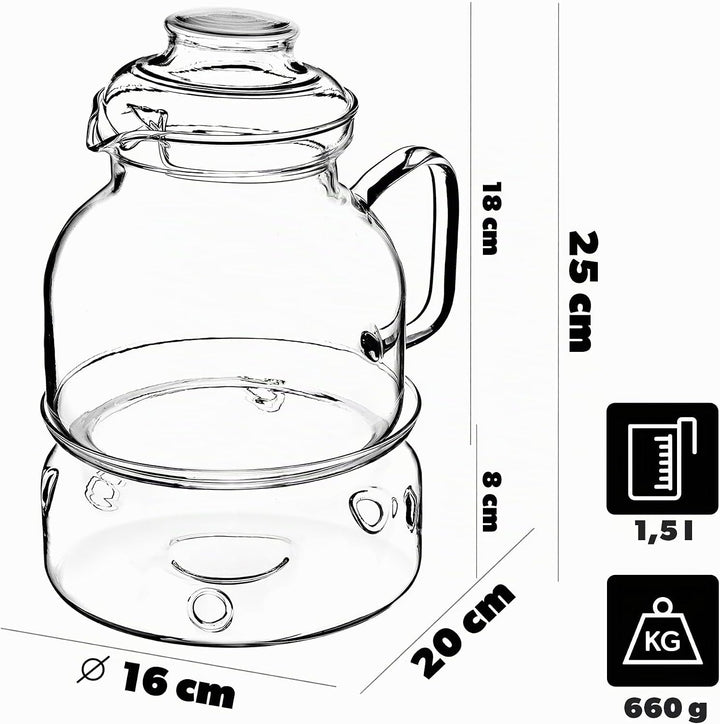 KADAX Teekanne 1.5L mit Stövchen Set, Glasteekanne mit Teewärmer und Deckel, Glaskanne ohne Siebeins