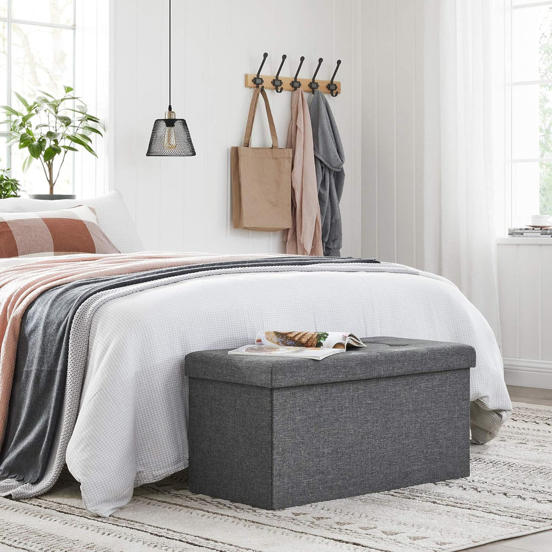 SONGMICS 76 cm Sitzbank mit Stauraum, klappbare Sitztruhe, Aufbewahrungsbox, Fussbank, dunkelgrau LS