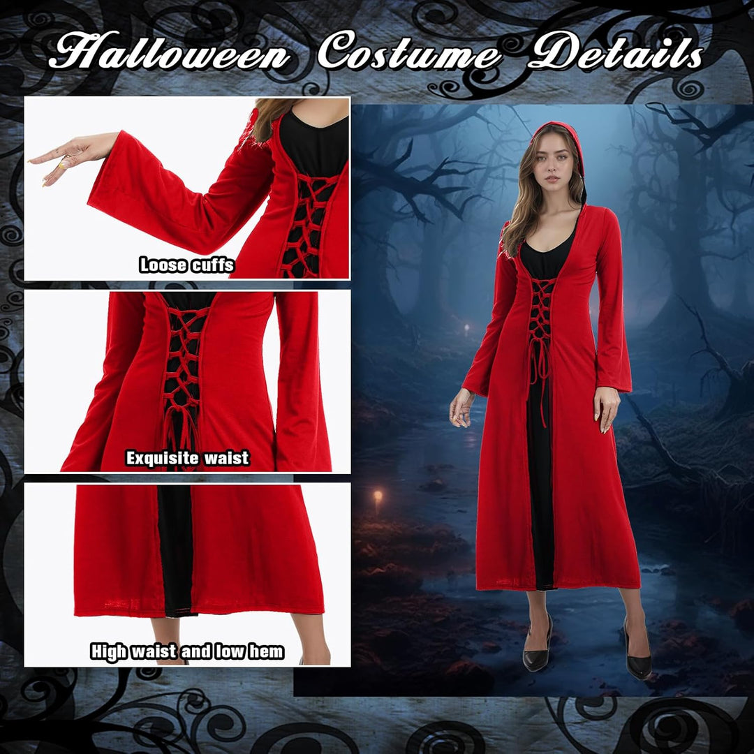 FSUJWOA Frauen Halloween Kostüme für Erwachsene mittelalterlich Kapuze Maxi Kleid für Frauen Mode Ro