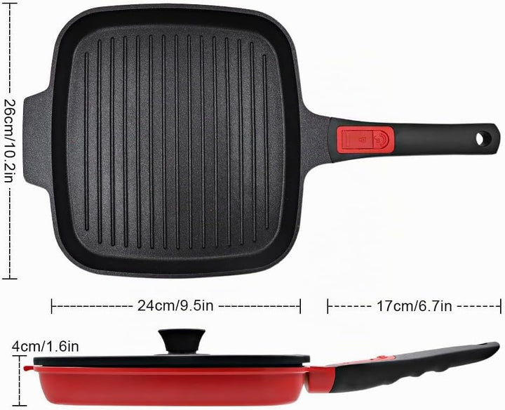 Grillpfanne Induktion mit Deckel 26 x 24 cm, Steakpfanne Eckig mit Abnehmbarer Griff, Grill Pfanne A