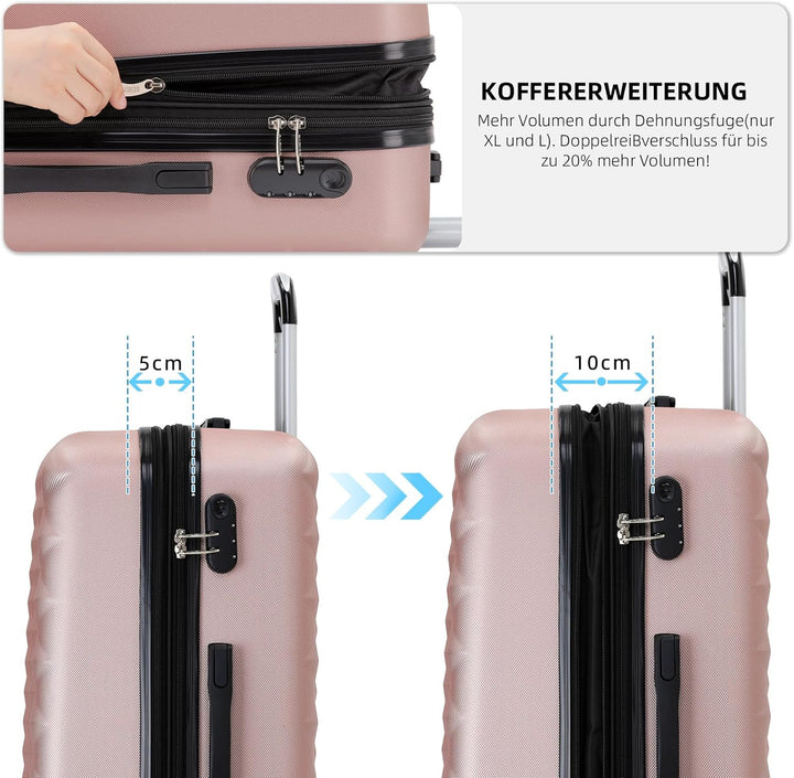 BEIBYE Zwillingsrollen 2066 Hartschale Trolley Koffer Reisekoffer Gepäck M-L-XL-Set (Rosa Gold, Set)