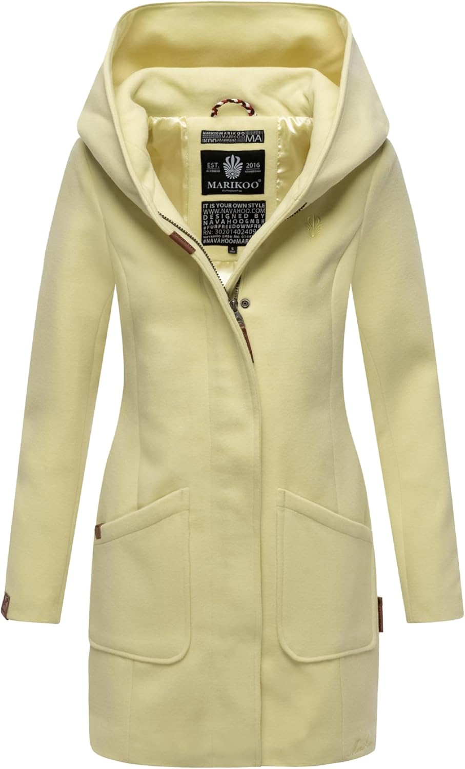 MARIKOO Damen Mantel in Wollmantel-Optik Warmer Trenchcoat mit Kapuze Maikoo XS-5XL S Pastel Yellow,