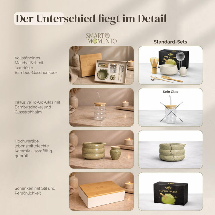 Matcha Set 8-teilig, Matcha Tee Set mit Matcha Schale mit Ausguss, Bambusbesen (Chasen), To Go Glas