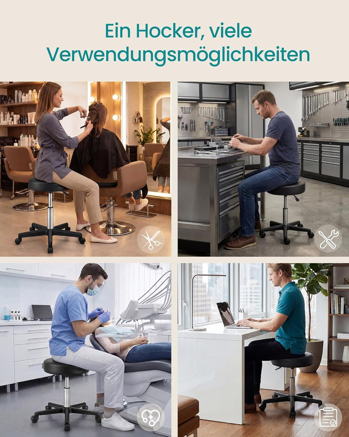 SONGMICS Drehhocker auf Rollen, höhenverstellbarer Rollhocker, 46-58 cm, mit Kunstleder bezogener Si