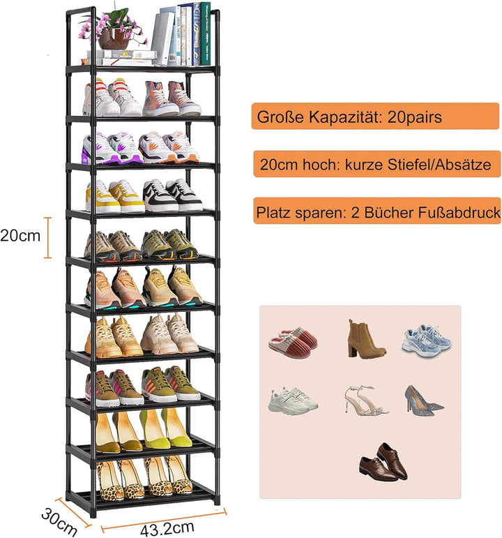 OYREL Schuhregal 10 Ebenen Platz Sparen, Schuh-Organizer Grosse Kapazität für 20-25 Paar Schuhe, Met
