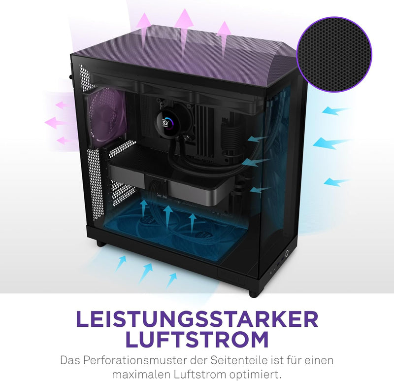 NZXT H6 Flow | CC-H61FB-01 | Kompaktes Mid-Tower Gehäuse mit zwei Kammern | Glaspaneele mit Panorama
