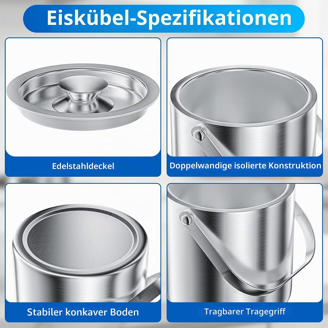 Eiswürfelbehälter Edelstahl 3L Doppelwandig, Eiskübel Set mit Deckel Eisschaufel und Zange, Perfekt