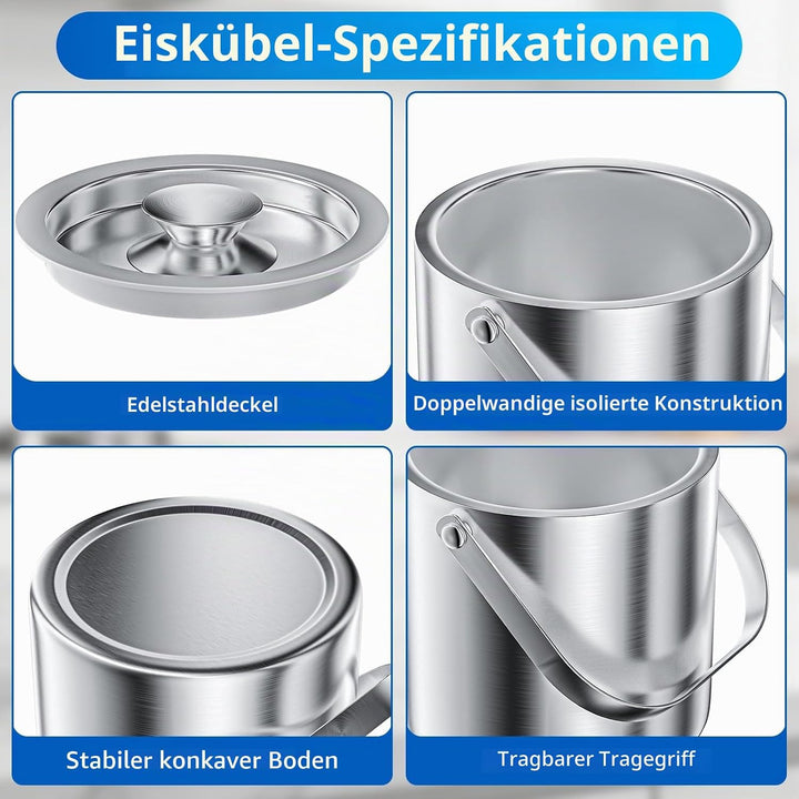 Eiswürfelbehälter Edelstahl 3L Doppelwandig, Eiskübel Set mit Deckel Eisschaufel und Zange, Perfekt