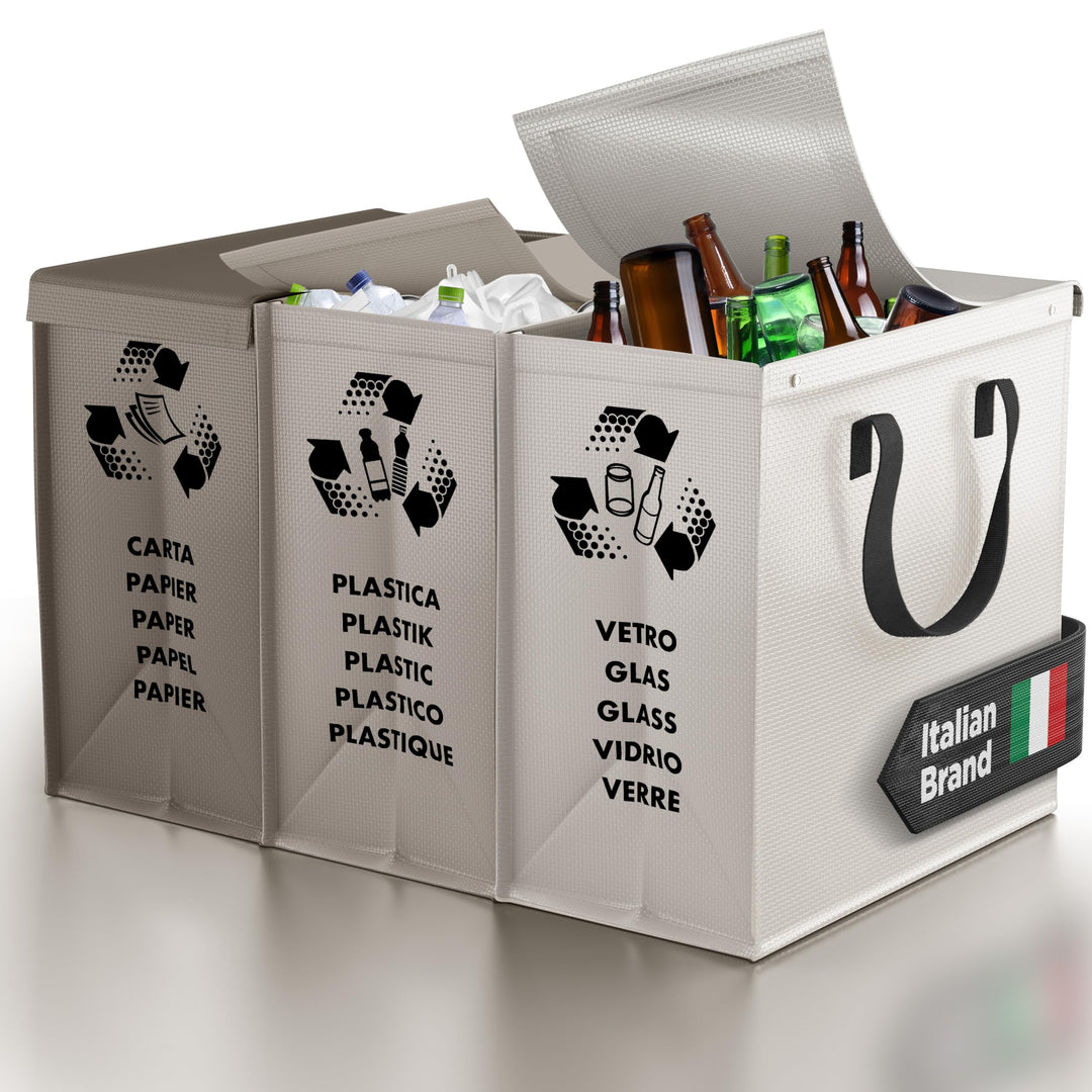 PTMS® Mülleimer 3 Fächer inkl. Deckel - Mülltrennsystem Taschen für Papier, Glas & Plastik - Recycli