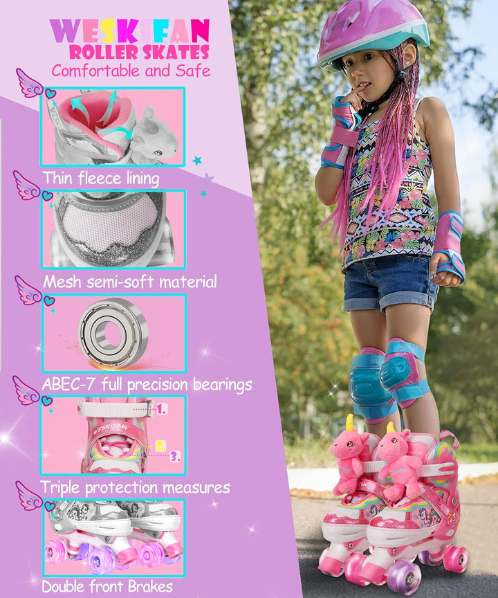 Kinder Einhorn-Puppe Rollschuhe für Mädchen 4 Grössen Verstellbar Quad Roller Skates für Anfänger We