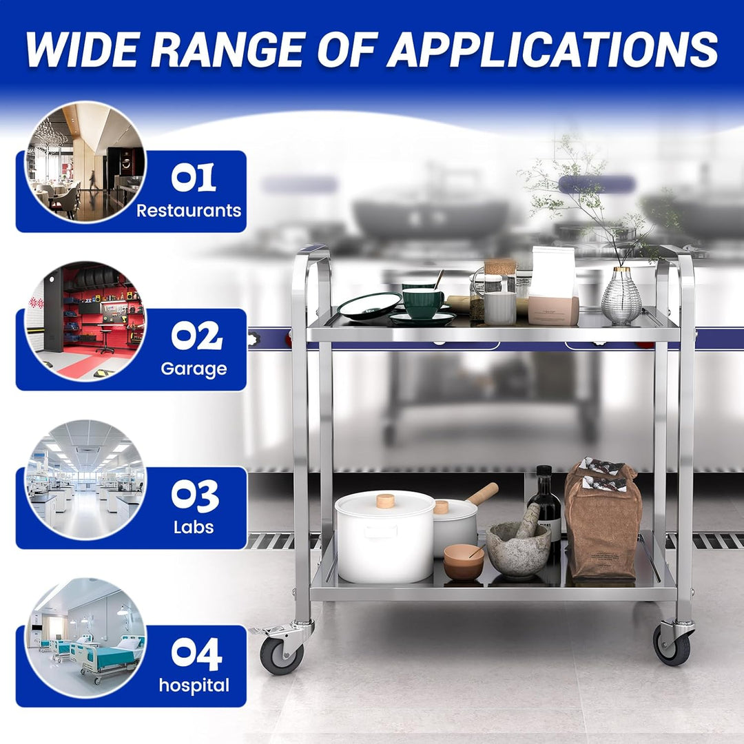 Servierwagen 2 Böden Küchenwagen Transportwagen Edelstahl mit 4 Rollen (2X bremsbar) für Restaurant