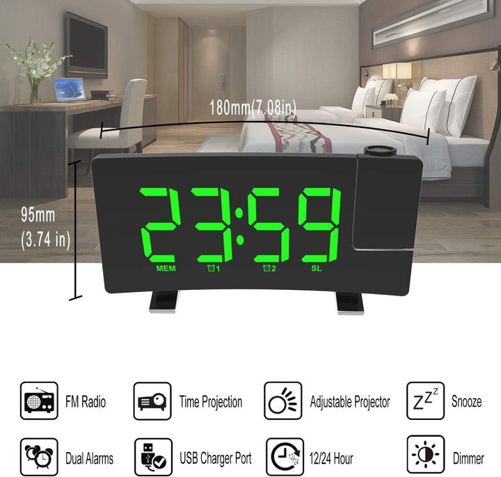 ThreeH Projektionswecker LED-Bildschirm 4 einstellbare Helligkeit Digitale Funkuhr mit USB-Telefon-L