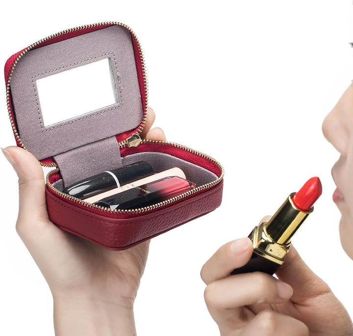 Lippenstift-Etui mit Spiegel, Leder, Reissverschluss, Lippenstift-Halter, Box, klein, Reise-Make-up-