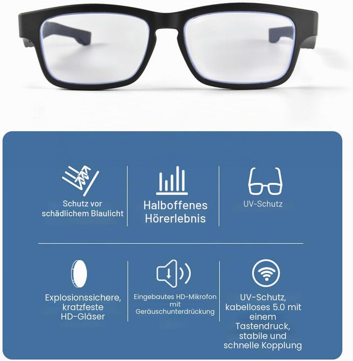 Smart-Brille, Open-Ear-Kopfhörer Bluetooth, Stereo-Sound-Musik und Freisprechen, Stereo-Open-Audio-M