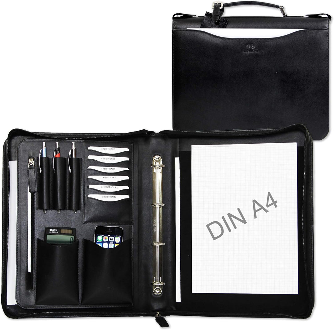 ALMADIH Leder A4 Aktenmappe mit Ringbuch, Reissverschluss, Tragegriff Schreibblock Premium Rindslede