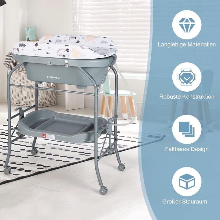 COSTWAY 4 in 1 Wickeltisch mit Badewanne, tragbare Wickelkommode mit PVC-Auflage & Abflussrohre, mob