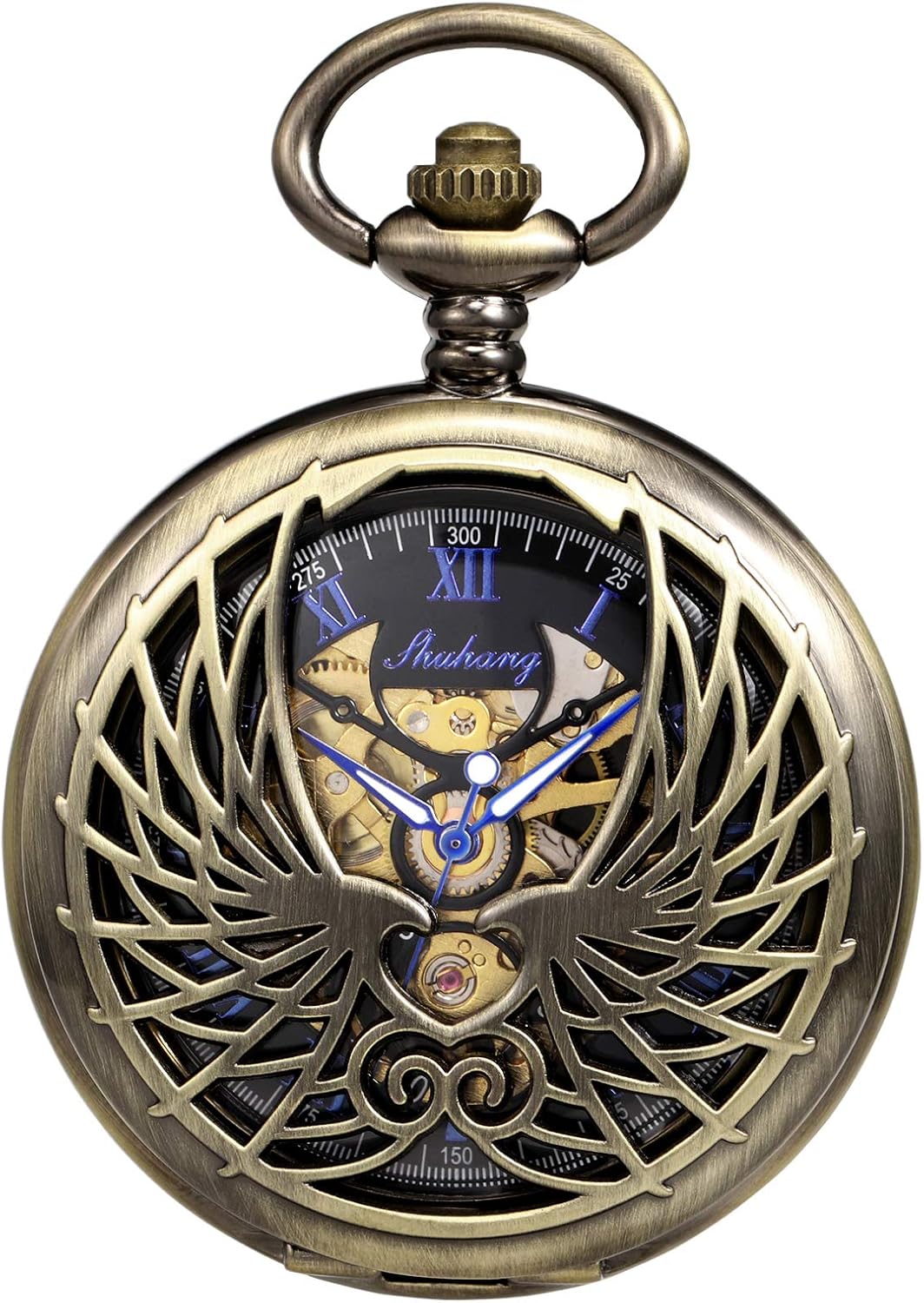 TREEWETO Unisex Taschenuhr mit Kette Analog Handaufzug Doppelscharnier Adler Skelett Römische Ziffer