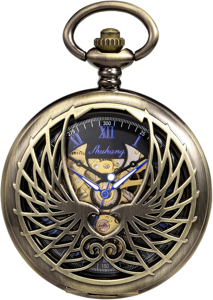 TREEWETO Unisex Taschenuhr mit Kette Analog Handaufzug Doppelscharnier Adler Skelett Römische Ziffer