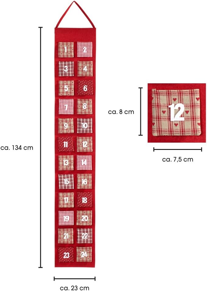 Heitmann Deco 91561 Adventskalender aus Filz zum Befüllen, rot, Stoff, 39 x 23 x 3,5 cm, Rot