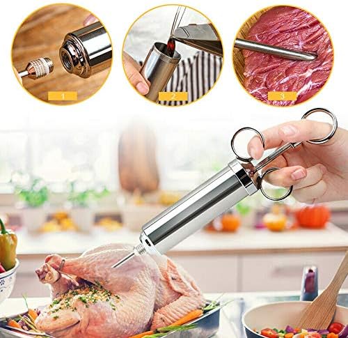 Edelstahl BBQ Marinierspritze Bratenspritze Gewürzspritze 60 ml, 2 Marinadenadel