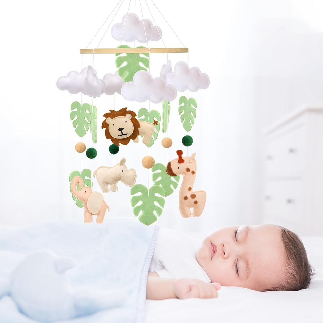 Waldtiere Mobile Baby Windspiele, 3D Löwe, Giraffe, Elefant, Nashorn, Grünes Blatt Mobile Baby Holz