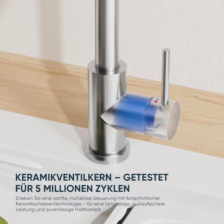 BESy Küchenarmatur mit 3 Strahlarten, Herausziehbarer Brause Wasserfall Wasserhahn Küche, 360° Drehb