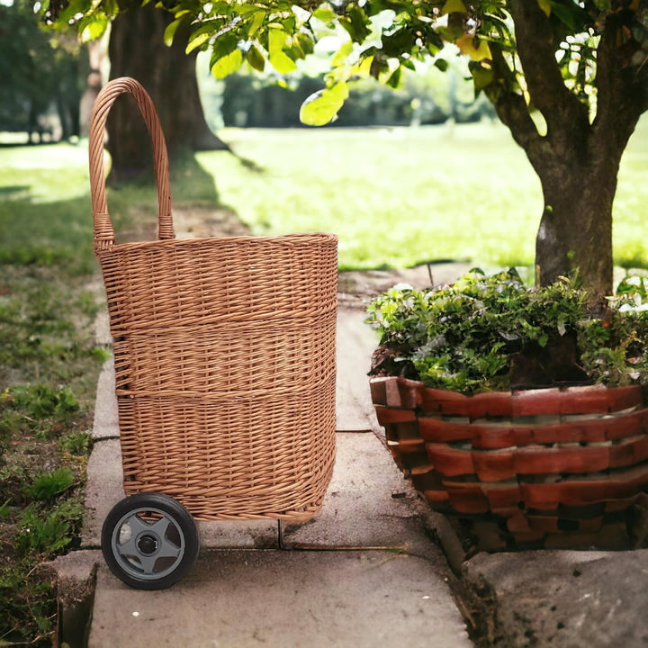WEECO Einkaufswagen - Transportkorb aus Weidengeflecht mit Rollen zum Einkaufen oder für Holz, Leich