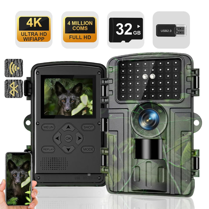 Wildkamera, 4K Video Wildtierkamera, 60MP Full HD WLAN mit Handyübertragung APP, Bewegungssensor, Na
