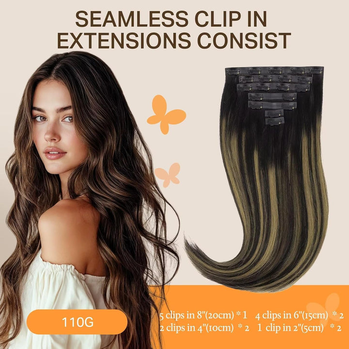DOORES Clip in Extensions Echthaar, Balayage Natürliches Schwarz bis Chestnut Braun 35cm 14 Zoll 7 S
