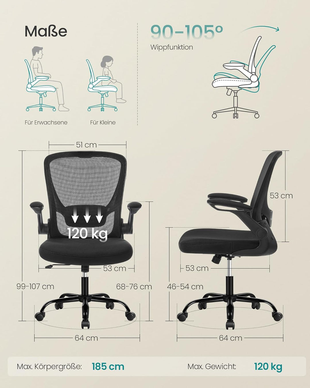 SONGMICS Bürostuhl ergonomisch, Schreibtischstuhl klappbare armlehne, 360° Drehstuhl, verstellbare L
