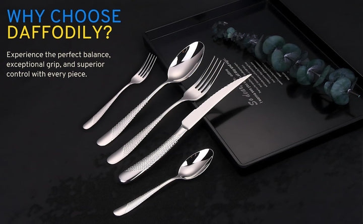 DAFFODILY Luxus-Besteck-Set, 20-teilig, 18/10 Edelstahl, Besteckset für 4 mit 2-in-1-Steakmessern, s