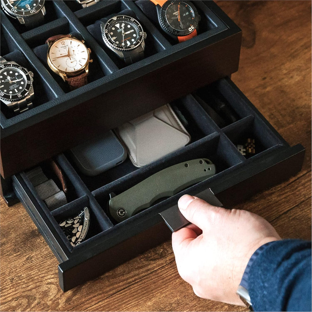 CASE ELEGANCE Uhrenbox mit 8 Fächern für Herren, schwarz, Uhrenvitrine, modulares Valet-Tablett, App
