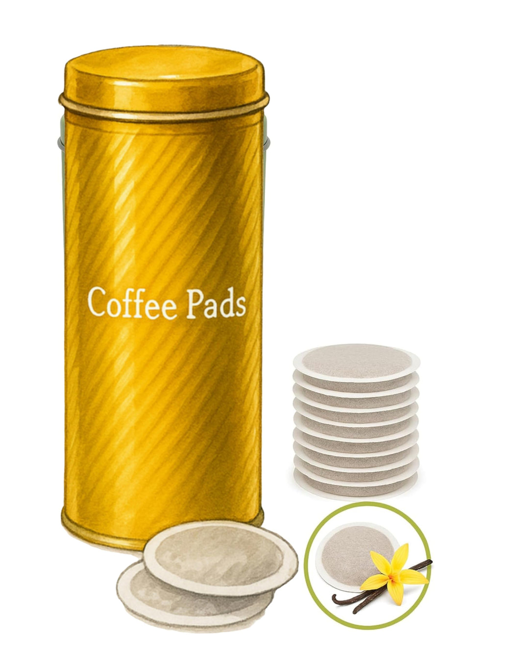 Kaffee Pad Dose, 18 cm Höhe, Edelstahl Padheber, Vanille Aroma, gold mit 18 Pads