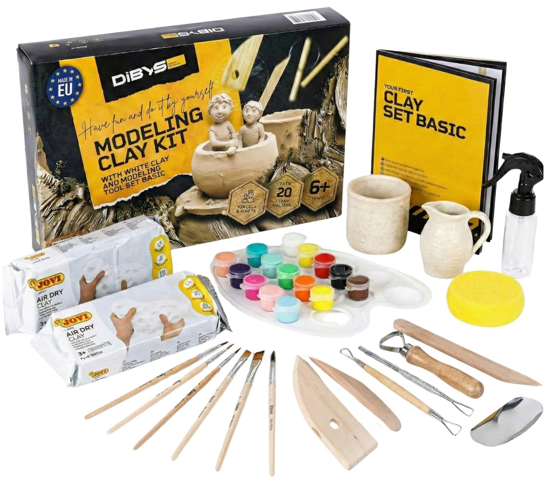 DIBYS Töpfer-Set für Zuhause | Starter-Set mit Modellier-Werkzeug, Ton lufttrocknend in Weiss, Farbe