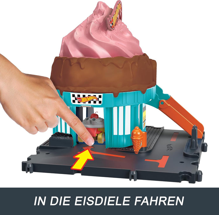 Hot Wheels Let's Race Netflix - City Downtown-Spielset Eiskrem-Strudel - Rennbahn-Action mit Verkehr
