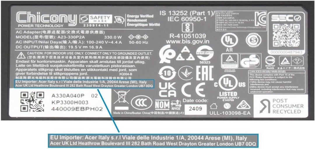 Acer KP.33001.003 Original Netzteil 330 Watt für Predator Helios 300 (PH317-55), 500 (PH517-52), 700