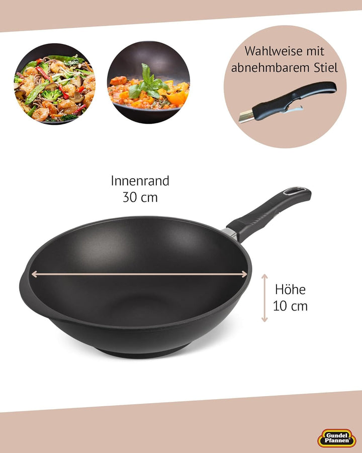 Original Gundel GUSS-WOK, Ø 30 cm, Höhe 10 cm, Rühr-Pfanne PFOA-frei, Akku-Therm Boden - fester Stie