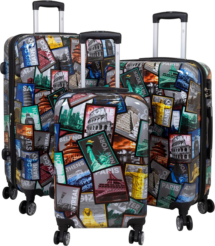 Trendyshop365 Koffer-Set 3-teilig Hartschale - bunt Motiv Weltreise Rio Athen Paris Kofferset 3-teil